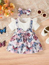 2pcs/Set Baby Girls Butterfly Print Short Sleeve Dress + Headband